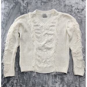 FCT With Love Chunky Knit Fringe V-Neck Sweater Size Large White Pullover Casual